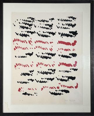 un tableau noir et rouge comportant des inscriptions, dans un cadre noir