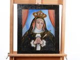 tableau représentant une femme coiffée d'une couronne, posé sur un chevalet en bois