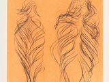 a drawing of two women ' s hair on an orange background