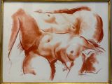 un dessin représentant une femme nue, dans un cadre doré