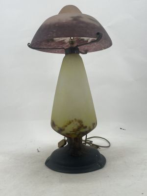 an old fashioned lamp with a glass shade on it