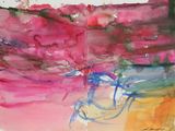 a watercolor painting of a bike with a pink sky in the background