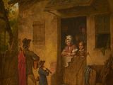 un vieux tableau représentant une famille devant une maison, avec un chien qui regarde par la fenêtre