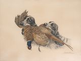 painting of two dogs and a pheasant with a pheasant in its mouth