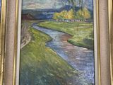 peinture à l'huile représentant un paysage avec une rivière, dans un cadre doré