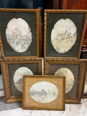 Suite de 5 dessins d’architectures encadrées. Non signées