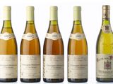 several bottles of wine are lined up on a white surface