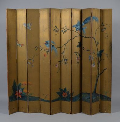 an image of a room divider with birds and flowers painted on it