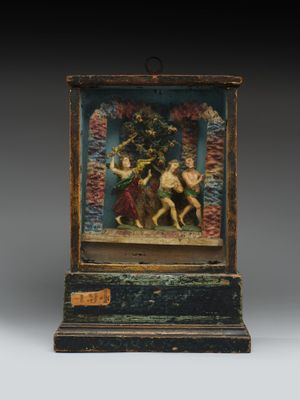une vieille boîte en bois avec une peinture à l'intérieur