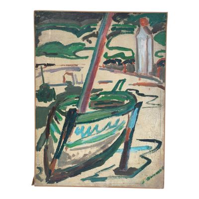 an image of a painting of a boat on a beach