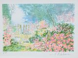 an image of a painting of a garden with flowers and a fence