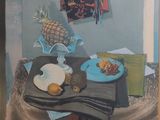 un tableau représentant une table sur laquelle se trouve une assiette de nourriture