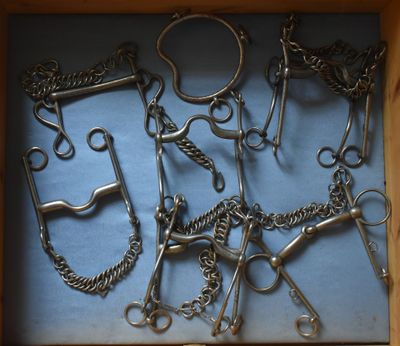 a wooden box filled with a bunch of different types of scissors