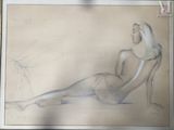drawing of a nude woman sitting on the floor in front of a mirror