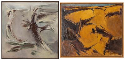 two paintings of different colors and shapes on a white background