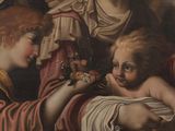 painting of a woman holding a baby and a man holding a flower