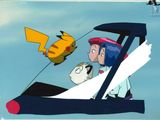 cartoon picture of a man and a woman in a plane with a pikachu flying in the sky
