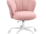 the chair is pink and white with a white base and wheels