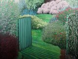 un tableau représentant un jardin avec un portail au milieu