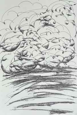 drawing of a flock of birds flying in the sky over a body of water