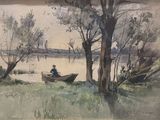 un tableau représentant un homme assis dans un bateau sur l'eau