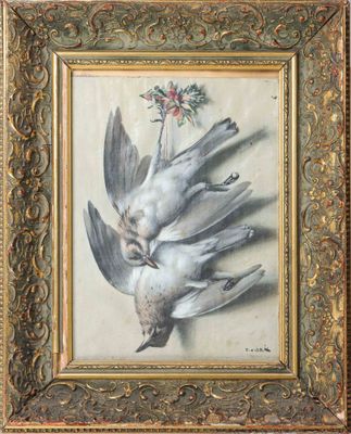 an image of a painting of birds with flowers in a gold frame