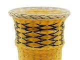 a yellow basket with black handles on a white background