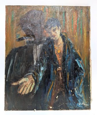 an oil painting of a woman with a bird on her shoulder