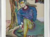 painting of a woman sitting under a tree in a white frame