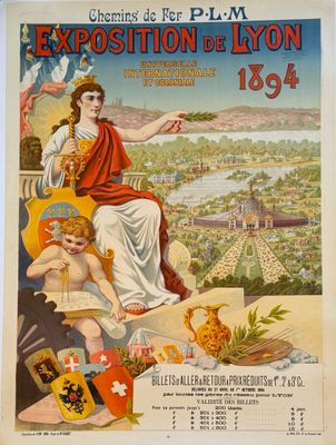 une vieille affiche représentant une femme et un enfant assis sur un rebord