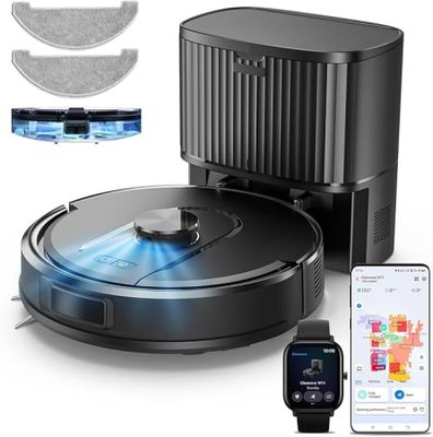 une photo d'un aspirateur robot à côté d'un smartphone