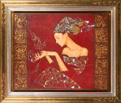 une peinture représentant une femme tenant une fleur à la main