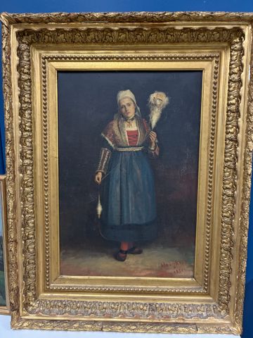 École fin du XIXème « la fileuse ». Huile sur toile. Signée HODGK...