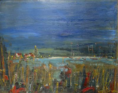 an oil painting of a harbor scene with boats in the water