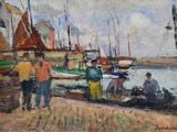 un tableau représentant un groupe de personnes marchant près d'un port