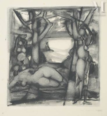 an image of a black and white drawing of a naked woman in the woods