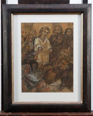 painting of a group of people in a room with a painting on the wall