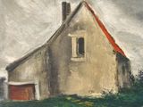 an image of a painting of a house in the middle of a field