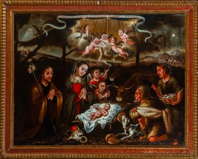 une image représentant une peinture d'une crèche avec des anges et des enfants