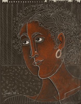 une image représentant le dessin du visage d'une femme aux cheveux bouclés