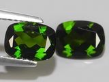 une paire de tourmalines vertes posées sur une surface blanche, maintenues par une paire de pinces