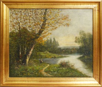 l'image d'une peinture représentant une rivière avec des arbres au premier plan