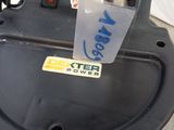 an image of a blue and black trash can with a tag attached to it