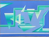abstract painting of blue and green shapes on a blue background