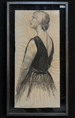 drawing of a woman in a black dress in a black frame