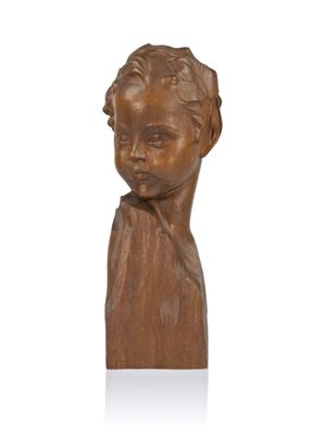 wooden sculpture of a child ' s head on a white background
