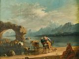 tableau représentant un homme à cheval, avec un groupe de personnes à bord