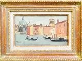 painting of a canal scene with gondola boats and buildings