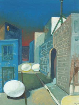 une peinture représentant une scène de rue avec un bâtiment bleu en arrière-plan