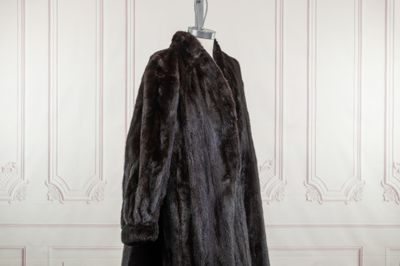 Le manteau de fourrure est suspendu à un cintre dans une pièce.